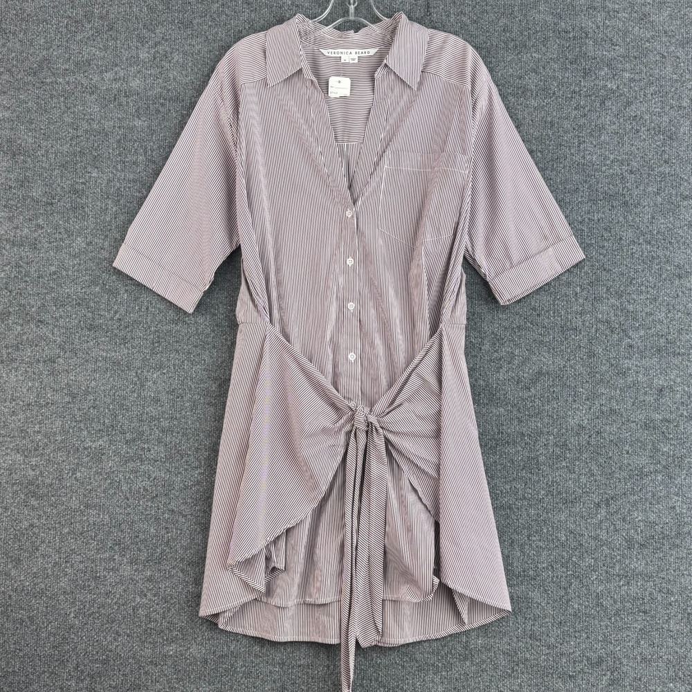 Veronica Beard Shirt Dress Women's 16 Brown White Stripe Tie Waist Cotton Blend